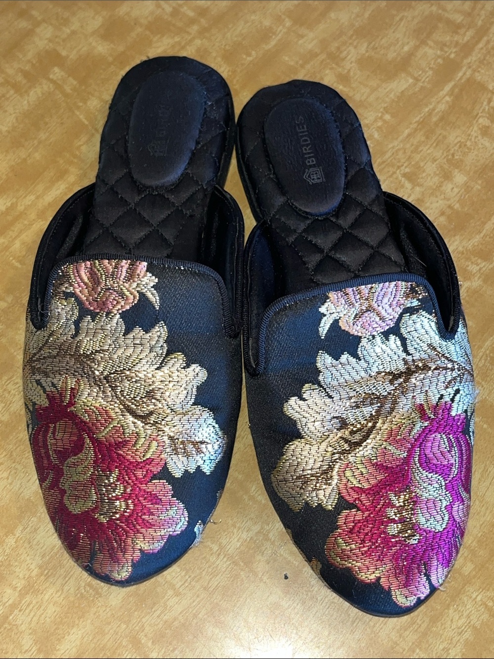 Birdies Black Slip-On Mules with Pink and Gold Floral Embroidery size 6